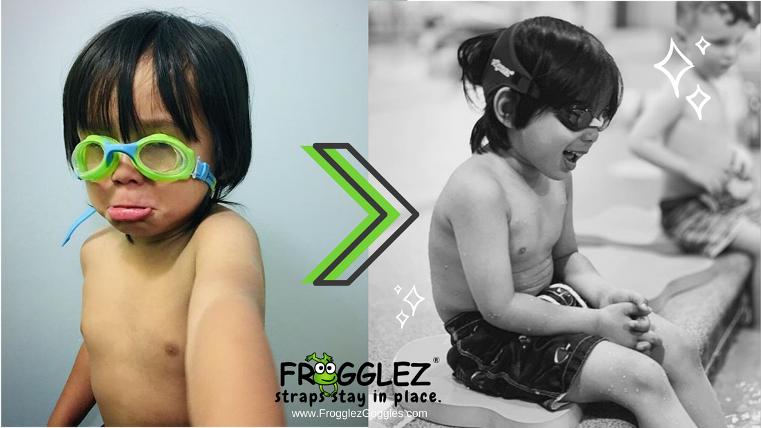 sad boy with swim goggles slid down and pinching ears then wearing Frogglez comfortable goggles and happy, smiling!