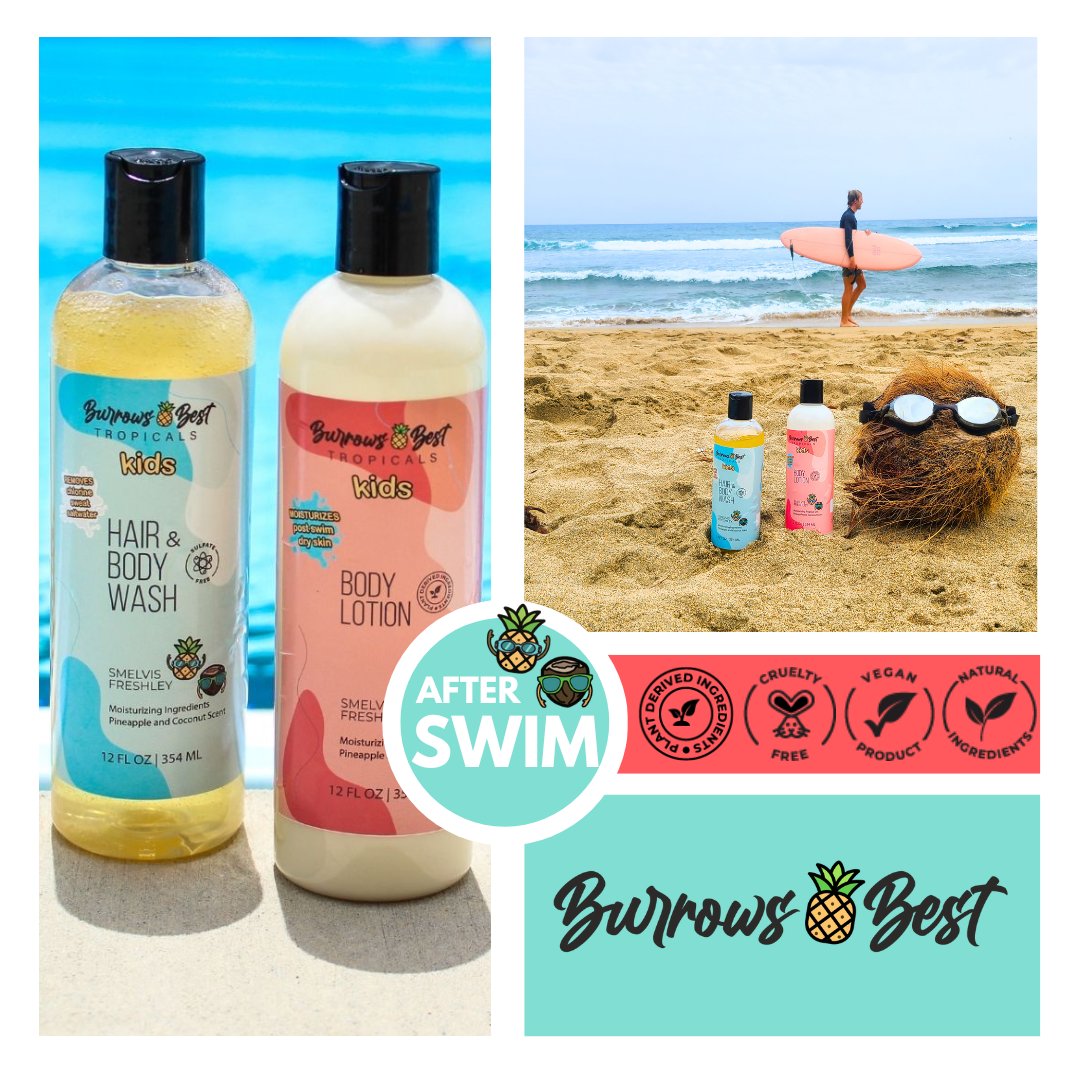 After Swim products. Showing on left full size hair and body wash and body lotion. Pictured of Burrows Best after care at the beach. Burrows Best by frogglez. alcohol free. paraben free. sulfate free. non gmo. sls free. cruelty free.