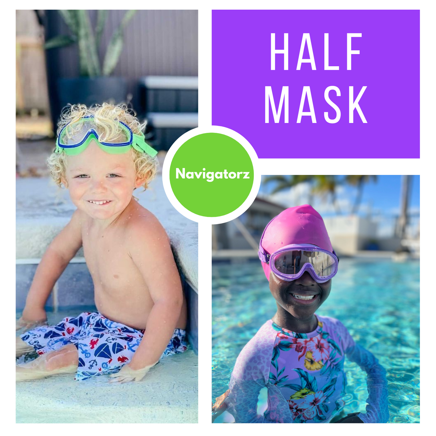 Photo collage with a boy in Frogglez green navigatorz. Girl in bottom corner smiling wearing purple navigatorz half mask. Top right corner text says "Half Mask"