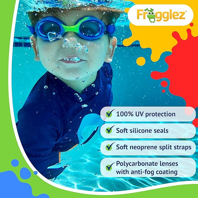 Boy wearing Frogglez Goggles underwater. Text reads: 100% UV protection. Soft silicone seals. Soft neoprene split straps. Polycarbonate lenses with anti-fog coating.