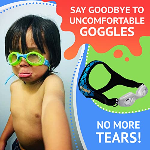 Picture of child with unfit goggles. Text reads say goodbye to uncomfortable goggles. No more tears.