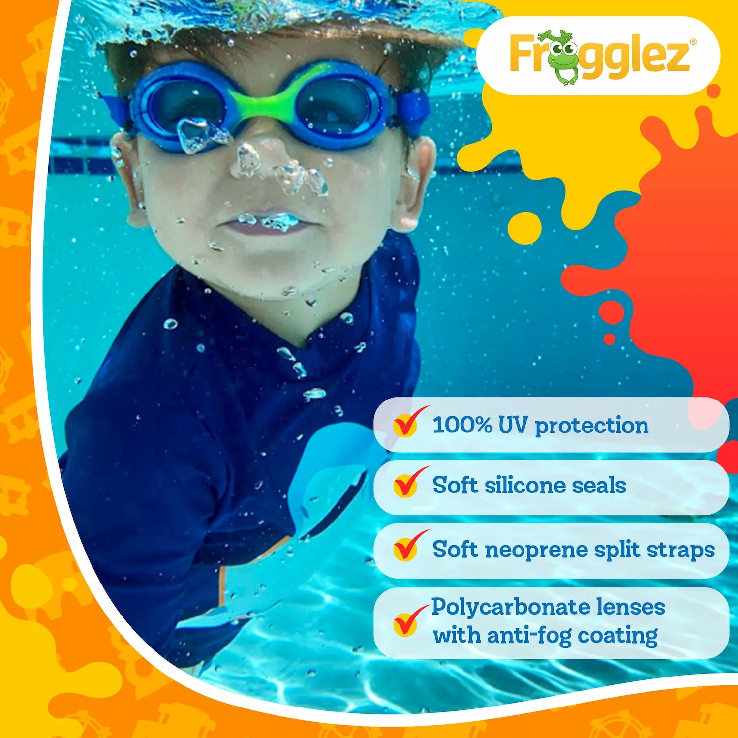 Boy wearing Frogglez Goggles underwater. Text reads: 100% UV protection. Soft silicone seals. Soft neoprene split straps. Polycarbonate lenses with anti-fog coating.