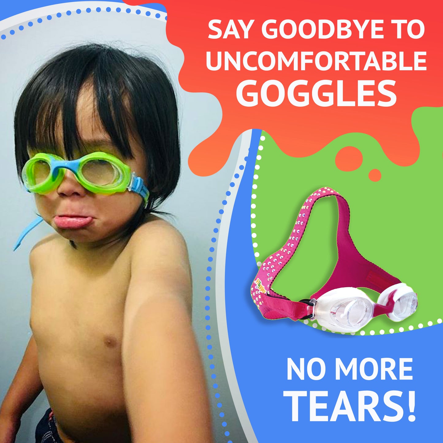 Picture of child with unfit goggles. Text reads say goodbye to uncomfortable goggles. No more tears.