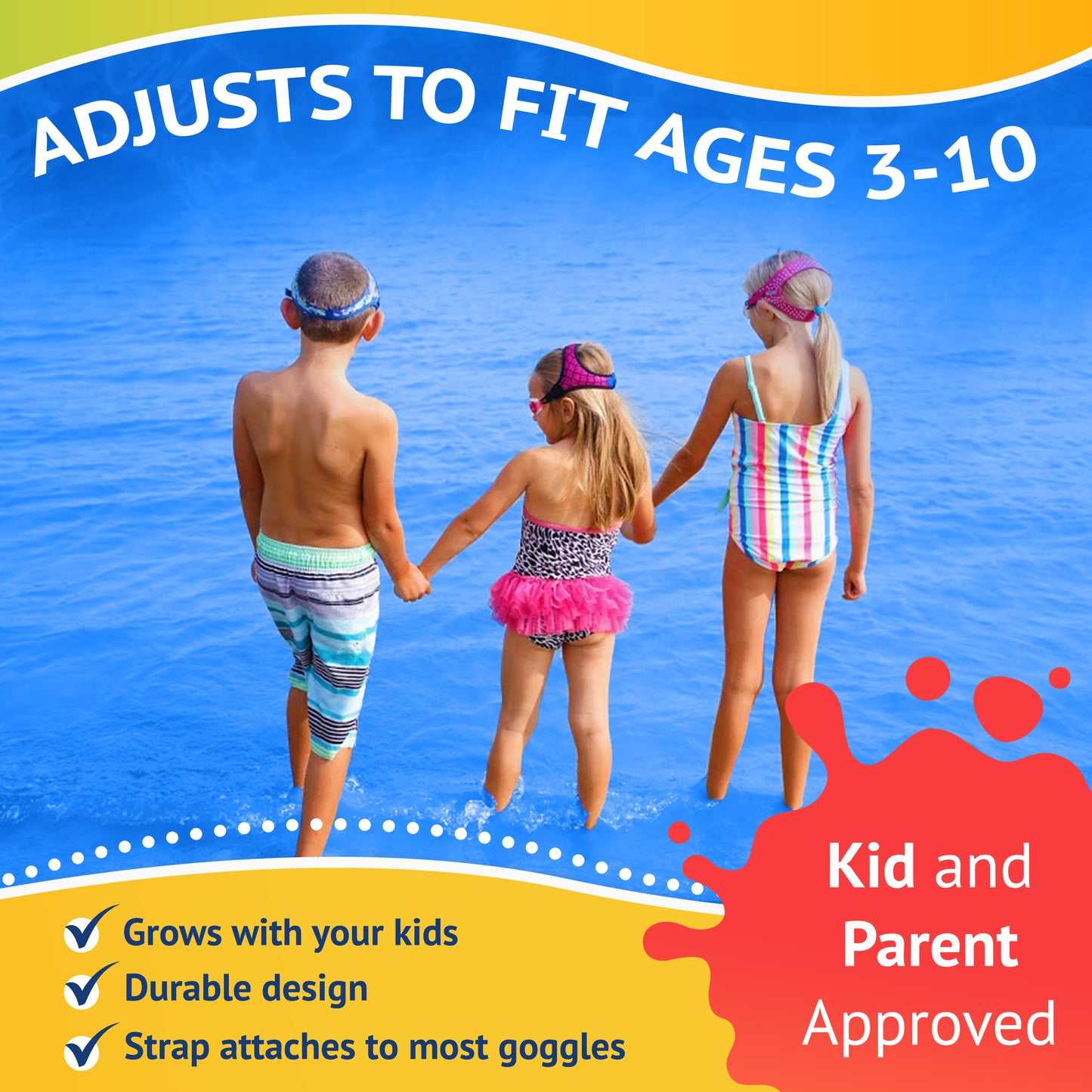 Three kids holding hands while wearing Frogglez Goggles standing in water.. Text reads: Adjusts to fit ages 3-10. Grows with your child.