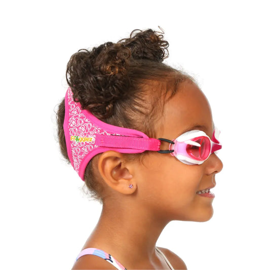Pink Frogz repeating  patterned swimming goggles on white background