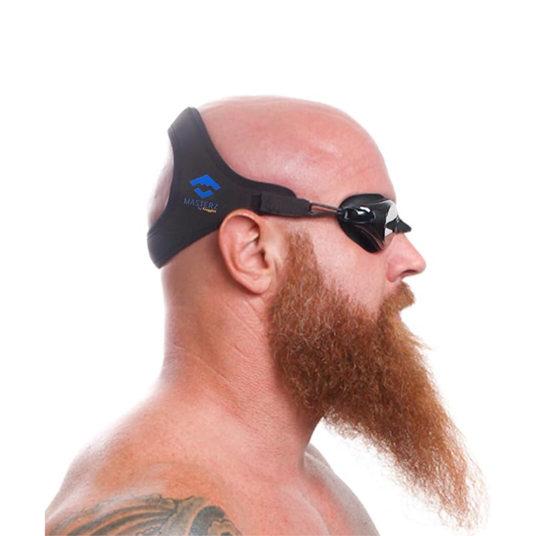 Man wearing a black headband with a logo and sunglasses on a white background