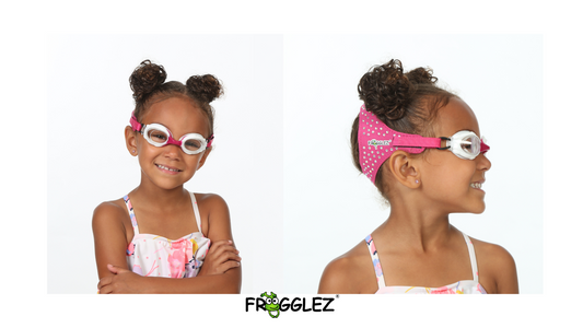 Frogglez swim goggles glitz sparkle shiny pink on a smiling girl