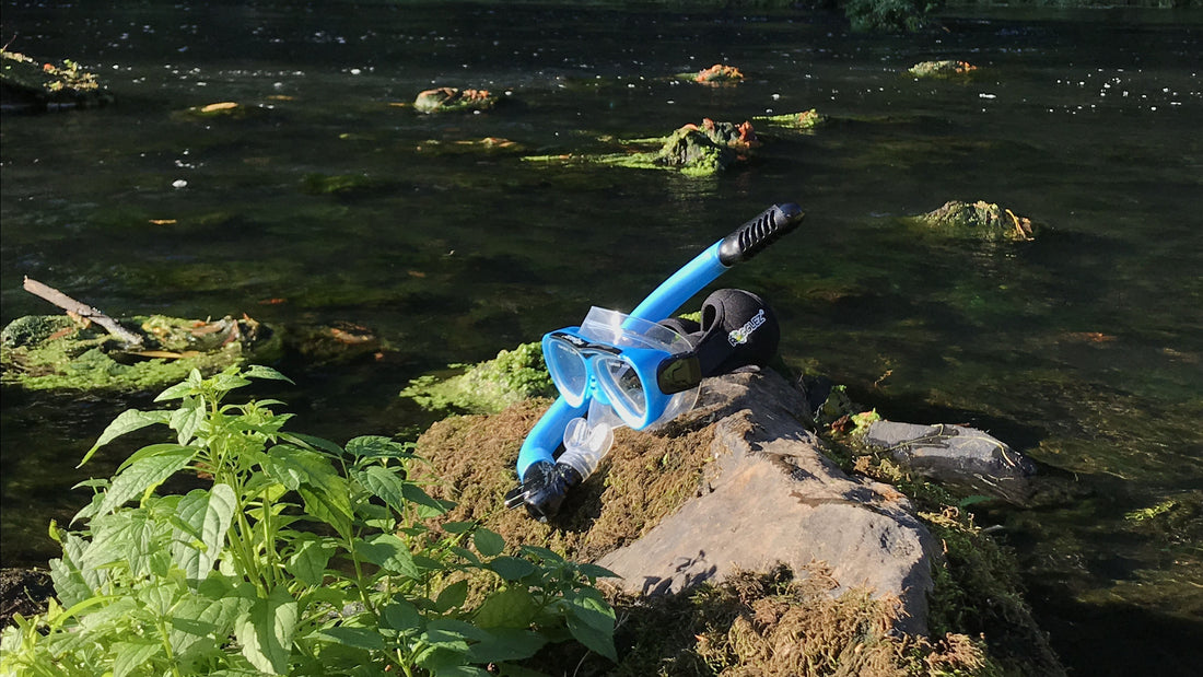 Frogglez swim goggles for kids and adults with comfortable neoprene strap. Youth snorkel and dive mask on a rock near a lake.