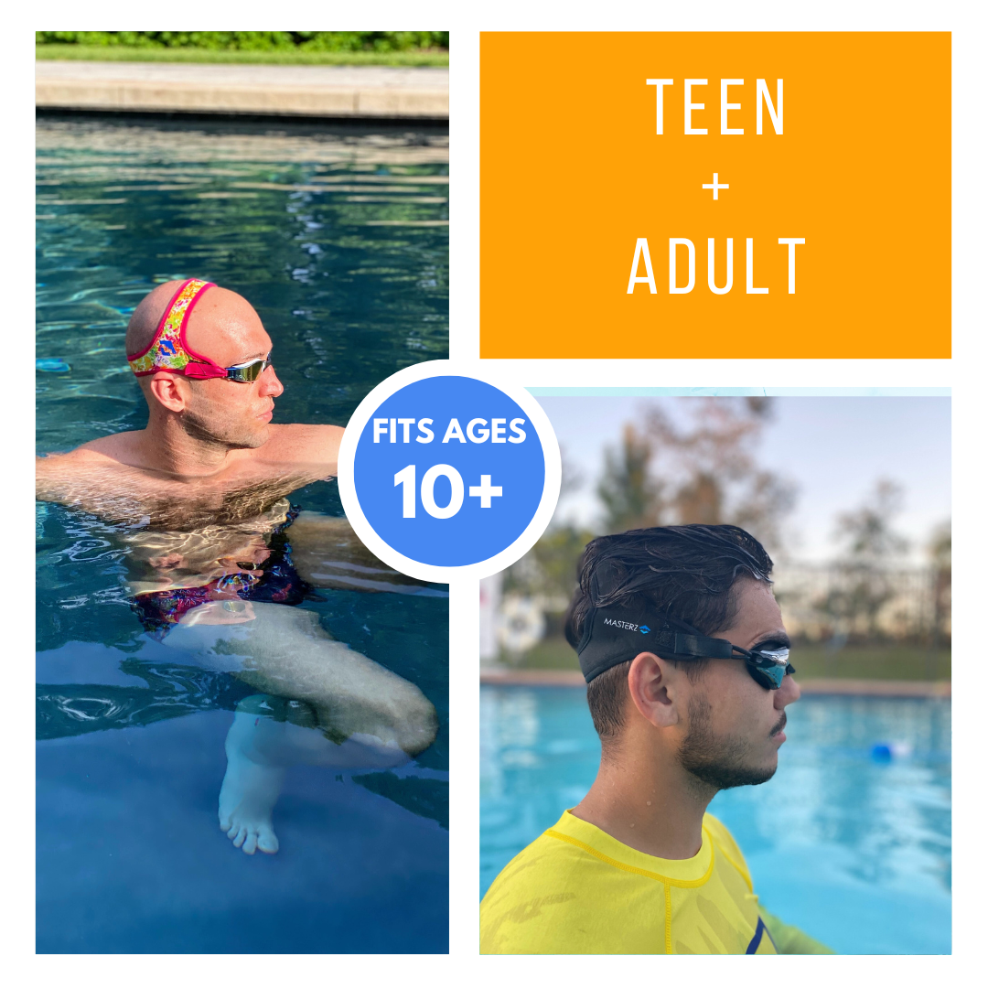 Teen and adult fits ages 10+. Man in pool wearing pink and orange Masterz by Frogglez. Man wearing black masterz by frogglez goggles