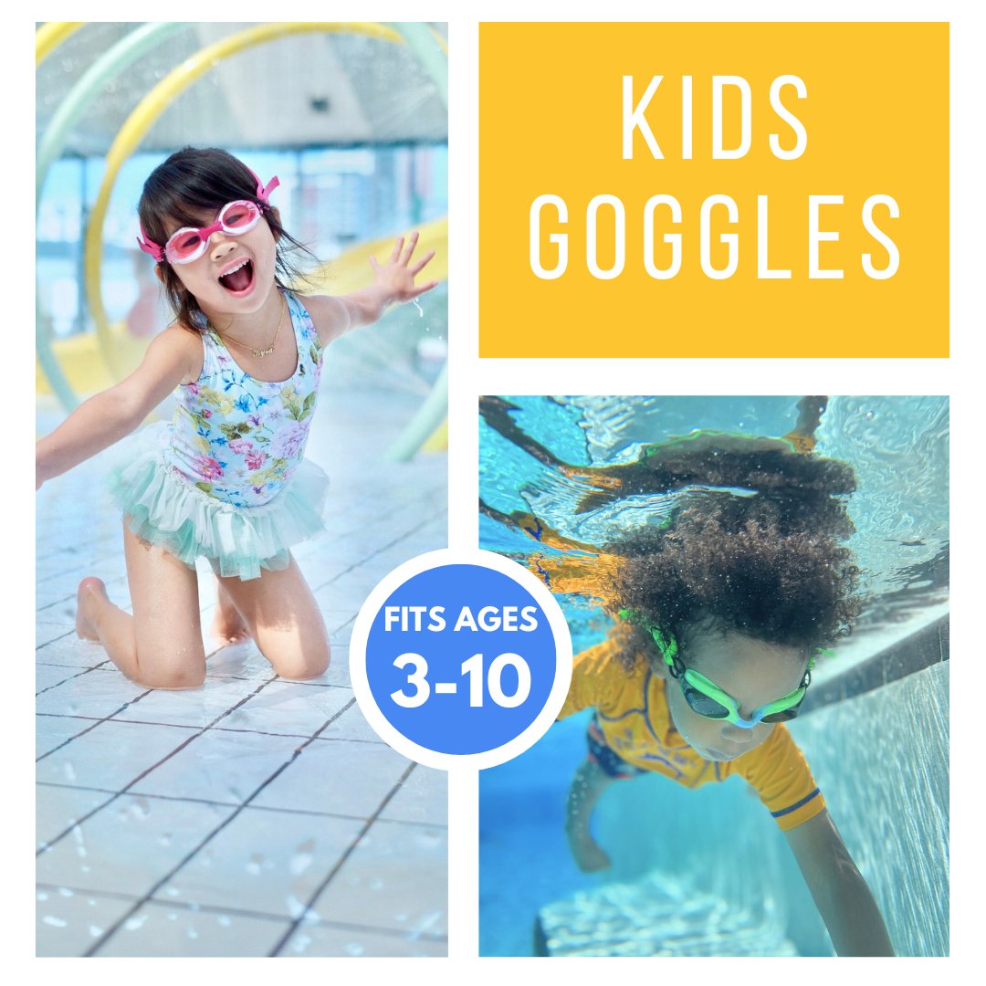 Kids goggles fits ages 3-10. Pictured girl wearing pink frogglez goggles at water park and boy swimming underwater with green frogglez goggles. 