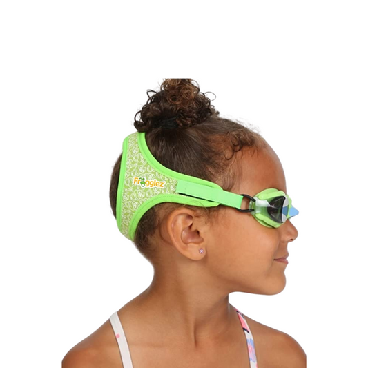 Green Frogz repeating patterned swimming goggles on white background