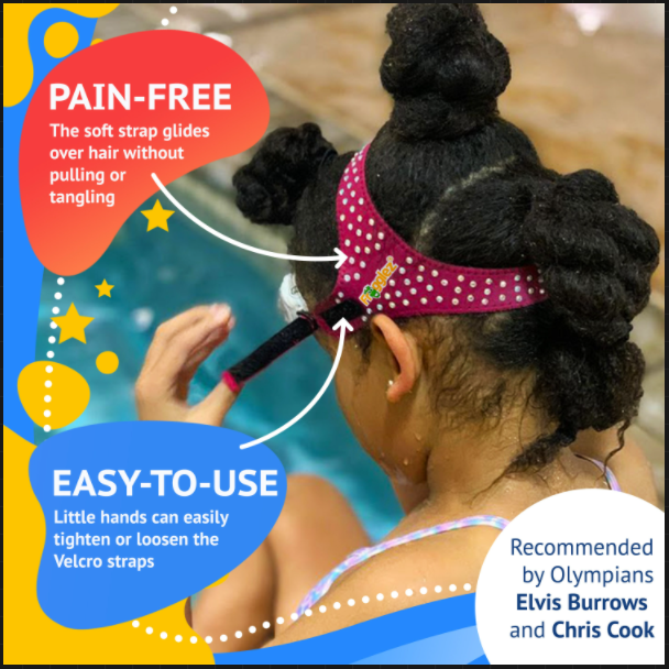 Picture of girl with Frogglez Goggles on. Text reads "pain-free. The soft strap glides over hair without pulling or tangling. Easy-to-use. Little hands can easily tighten or loosen the Velcro straps. Recommended by Olympians Elvis Burrows and Chris Cook".