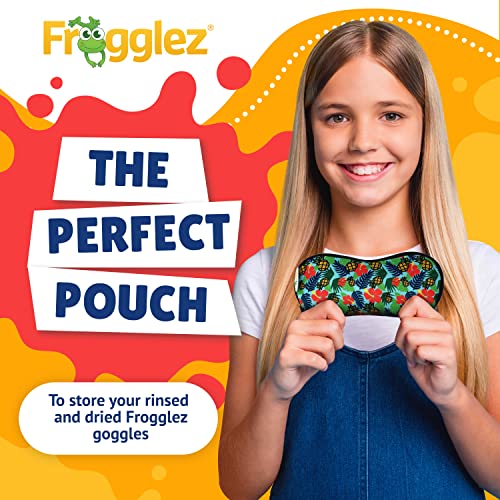 Blonde teen folding on to tropical print swim goggle carrying case. Text says:  The perfect pouch. To store your rinsed and dried Frogglez goggles
