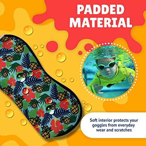 Picture of child swimming underwater while wearing green Frogglez goggles. Large image of tropical print swim goggle carrying case. Text reads: Padded material. Soft interior protects your goggles from everyday wear and scratches.  