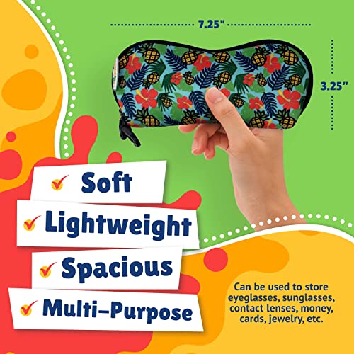 Image of tropical swim goggle carrying case with dimensions of 7.25 inches long and 3.25 inches wide. Text reads: Soft, lightweight, spacious, multi-purpose. Can be used to store eyeglasses, sunglasses, contact lenses, money, cards, jewelry, etc.  