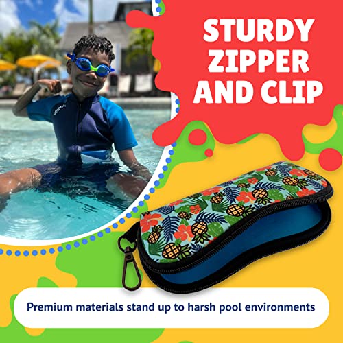 Picture of boy wearing blue goggles in the pool. Large image of tropical print goggle case. Text saying "Sturdy Zipper and Clip. Premium materials stand up to harsh pool environments." 