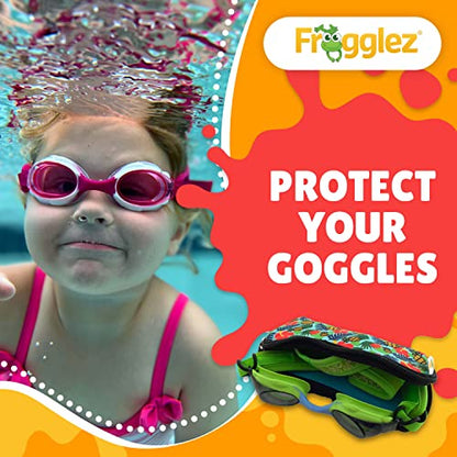 Girl swimming underwater while wearing pink Frogglez goggles. Picture of green Frogglez goggles coming out of tropical swim goggle case. Text reads: Protect your goggles. 