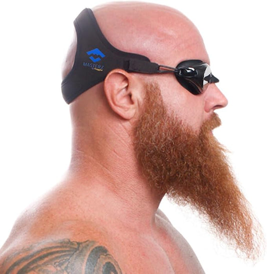 Man wearing black masters swim goggles by Frogglez swim goggles for teens and adults