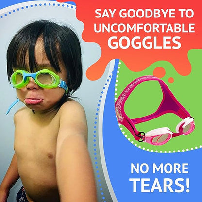 Picture of child with unfit goggles. Text reads say goodbye to uncomfortable goggles. No more tears.