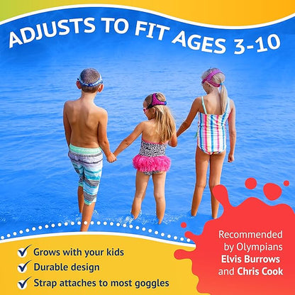 Three kids holding hands while wearing Frogglez Goggles standing in water.. Text reads: Adjusts to fit ages 3-10. Grows with your child. Attaches to most goggles. Recommended by Olympians Elvis Burrows and Chris Cook.