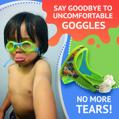 Picture of child with unfit goggles. Text reads say goodbye to uncomfortable goggles. No more tears. 