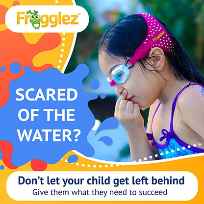 Girl pictured holding nose before jumping into the water. Text reads: Frogglez. Scared of the water? Don't let your child get left behind. Give them what they need to succeed.