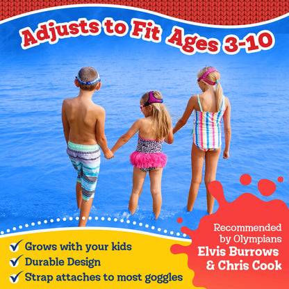 Three kids holding hands while wearing Frogglez Goggles standing in water.. Text reads: Adjusts to fit ages 3-10. Grows with your child. Attaches to most goggles. Recommended by Olympians Elvis Burrows and Chris Cook.