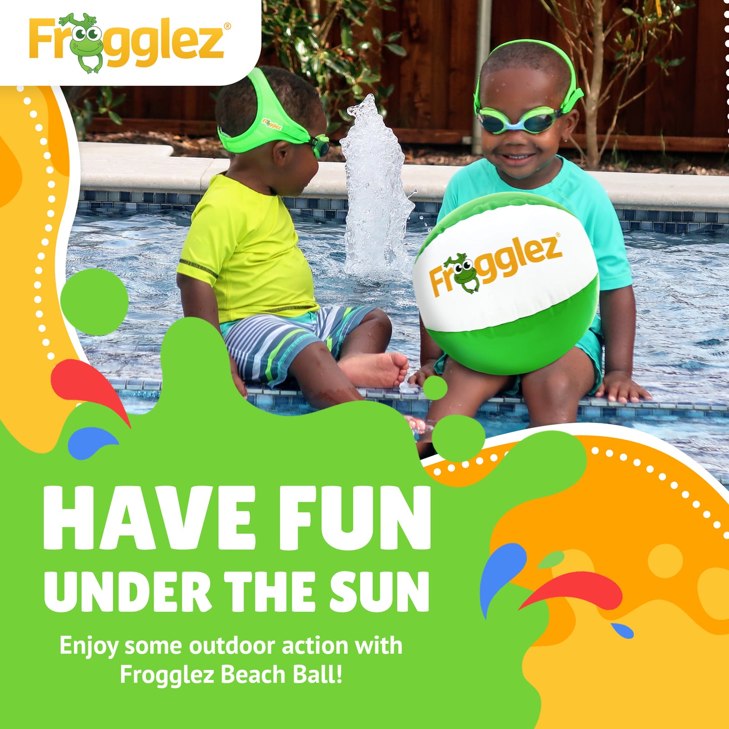 Two boys in green Frogglez Goggles  holding Frogglez Beach ball. Text reads have fun under the sun. Enjoy some outdoor action with Frogglez Beach Ball
