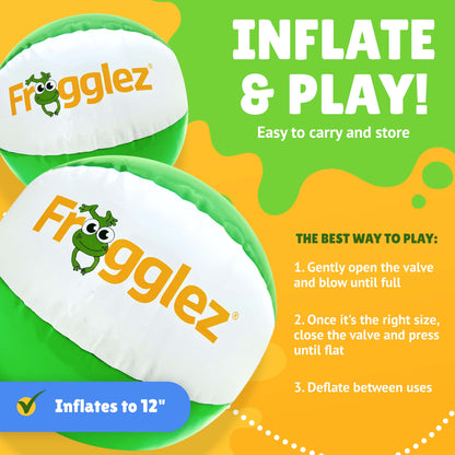 Two Frogglez Beach Ball pictured. Text reads inflate and play. Easy to carry and store. The best way to play: 1) Gently open and blow until full. 2) Once its the right size, close the valve and press until flat. 3. Deflate between uses. Inflates to 12"