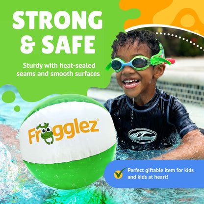 Boy wearing Green frogglez goggles in pool with frogglez beach ball. Text reads Strong & safe. Sturdy with heat sealed seams and smooth surfaces. Perfect giftable item for kids and kids at heart