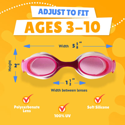 Pictured Lenses. Text reads: Adjust to fit ages 3-10. Polycarbonate lens, 100% UV, Soft Silicone. Measurements of goggles: width 5 5/8 inches. Height 2 inches. Width between lenses 1 1/2 inch lenses.