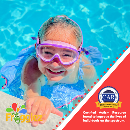 Girl holding on to ledge of pool smiling at camera while wearing Frogglez Purple Navigatorz half mask. Text reads certified autism resource found to improve lives of individuals on the spectrum