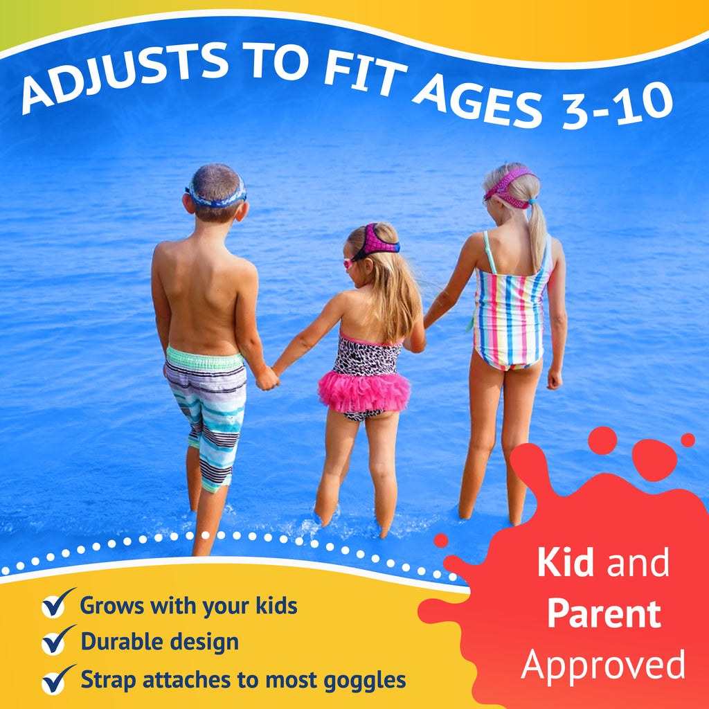 Three kids holding hands while wearing Frogglez Goggles standing in water.. Text reads: Adjusts to fit ages 3-10. Grows with your child.