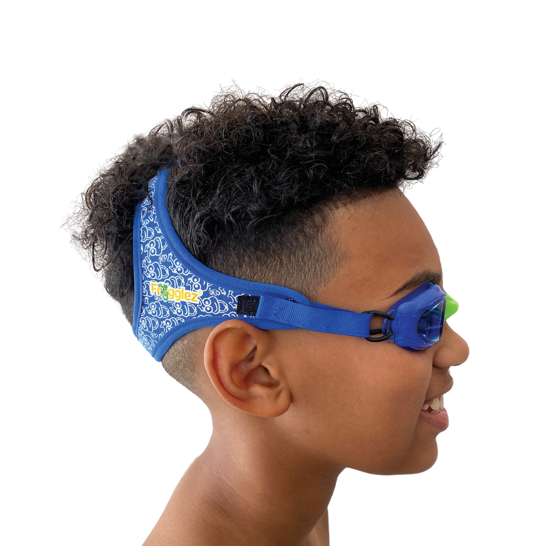 Blue Frogz repeating  patterned swimming goggles on white background