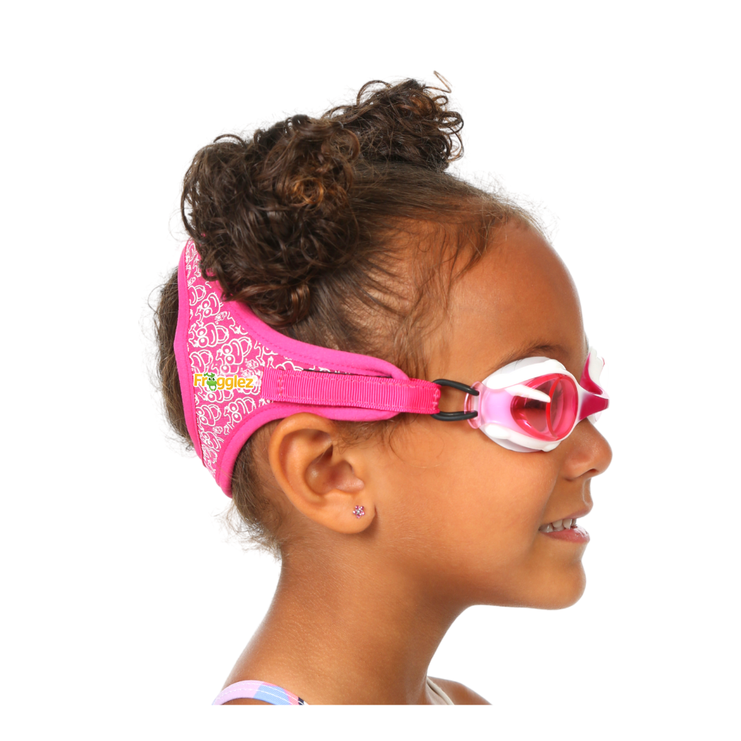 Pink Frogz repeating  patterned swimming goggles on white background