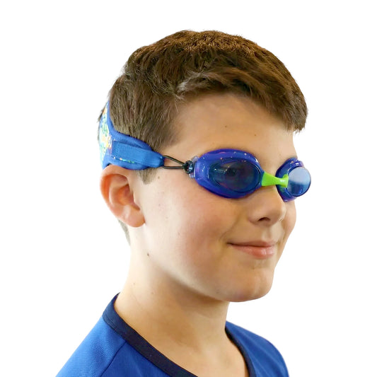Boy wearing blue wavez frogglez swim goggles