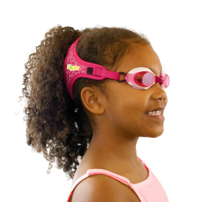 Pink Frogz repeating  patterned swimming goggles on white background