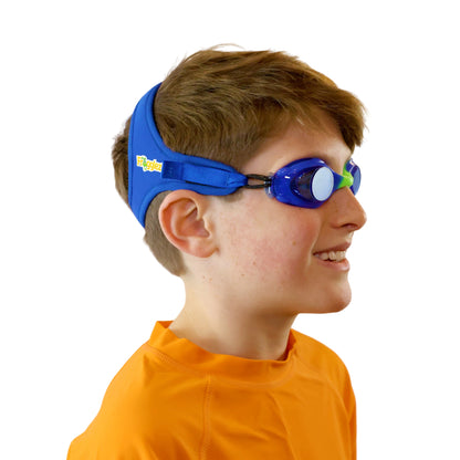 Boy wearing solid blue explorers frogglez swim goggles