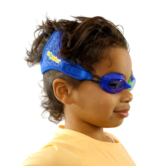 Child wearing blue frogz frogglez kids swim goggles