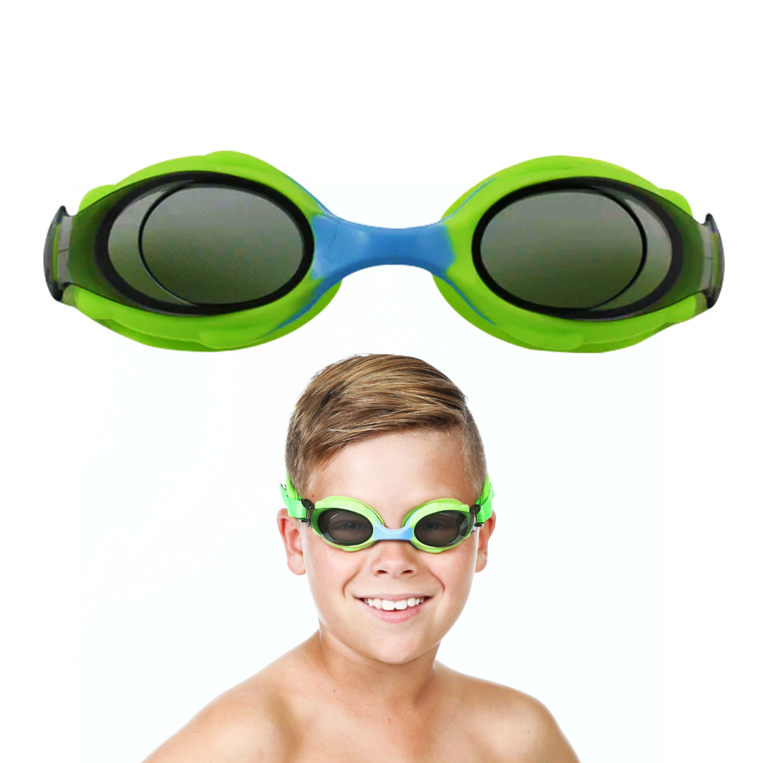Green Goggles only lenses pictured at top of page. Boy smiling wearing green Lenses Frogglez Goggles modeling fit.
