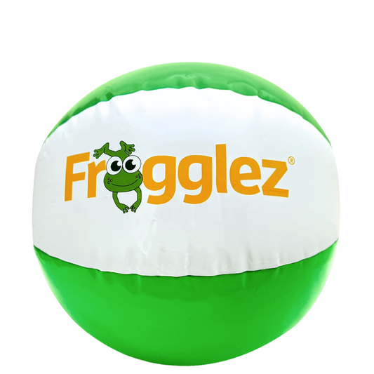 12 inch green and white stripped beach ball with the Frogglez logo and frog displayed. 