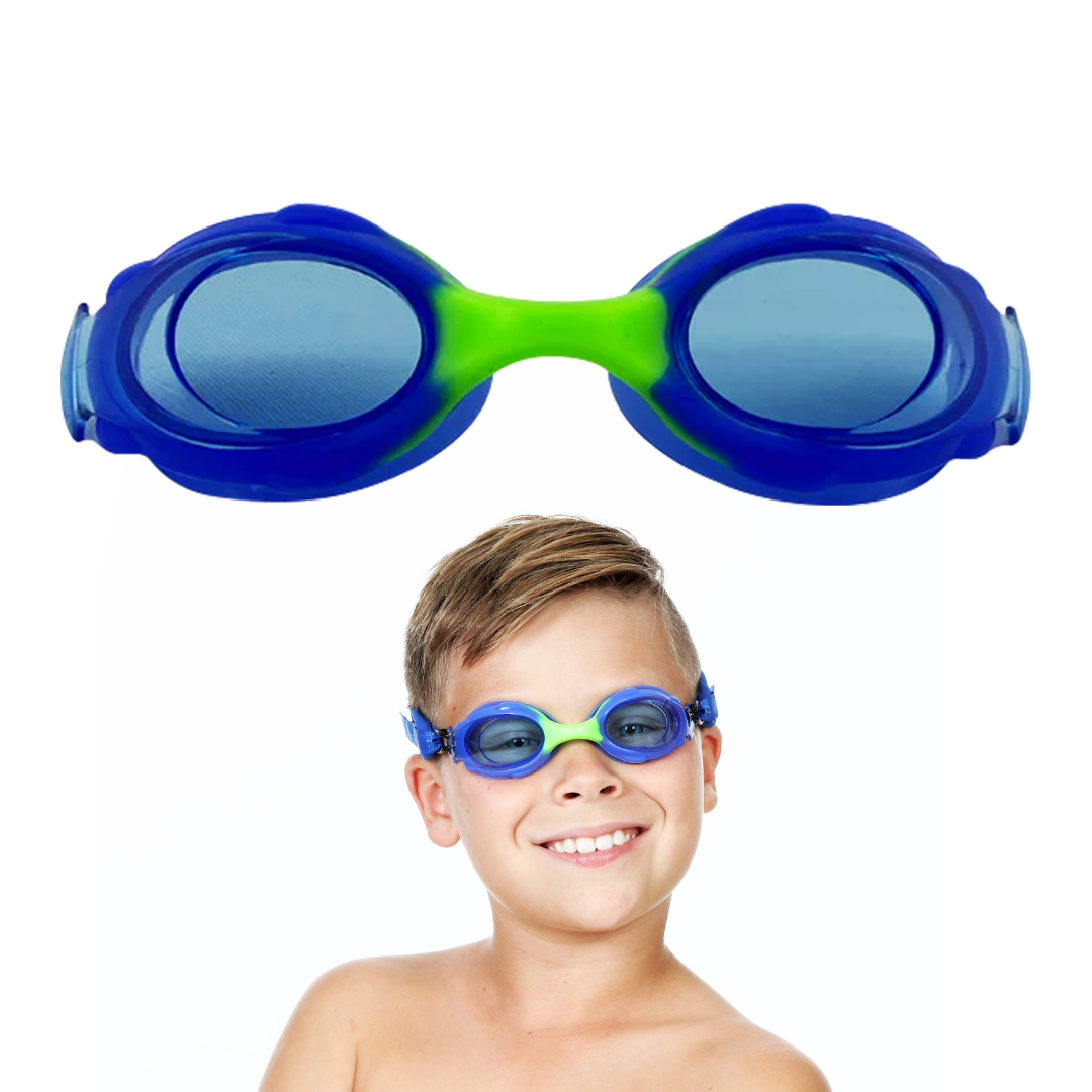 Blue Goggles only lenses pictured at top of page. Boy smiling wearing Blue Lenses Frogglez Goggles modeling fit.