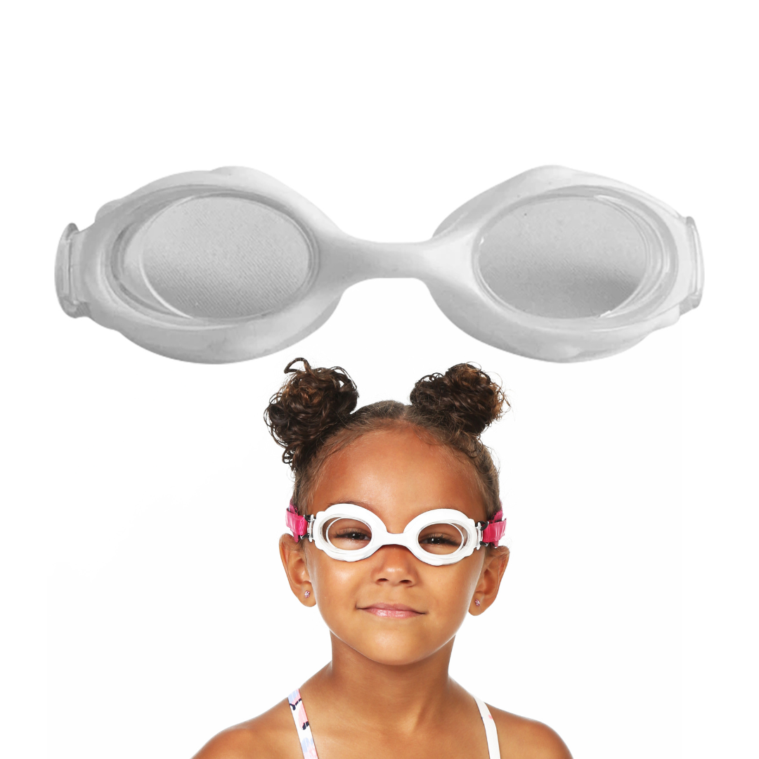 White clear Goggles only lenses pictured at top of page. Girl pictured wearing White clear Lenses Frogglez Goggles modeling fit.