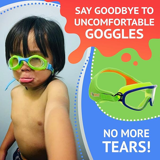 Picture of child with unfit goggles. Text reads say goodbye to uncomfortable goggles. No more tears.