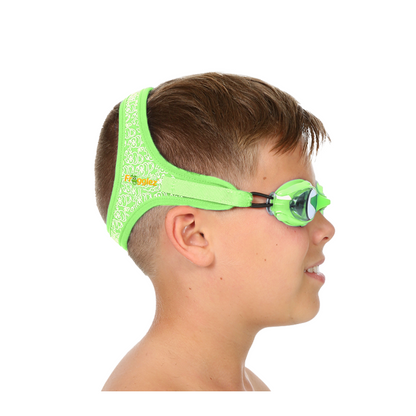 Green Frogz repeating patterned swimming goggles on white background