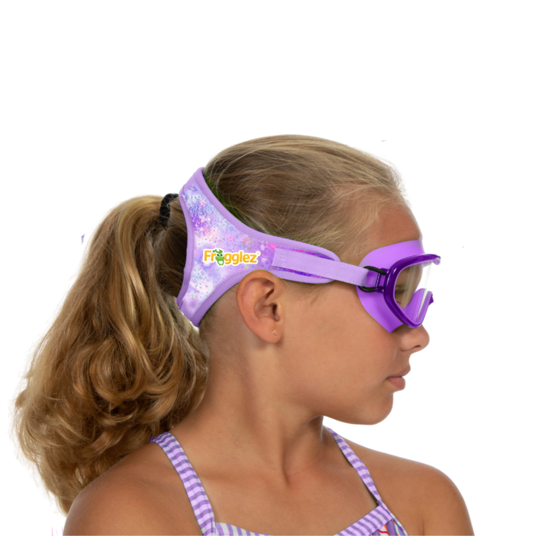 Purple Galaxy  patterned swimming mask on white background