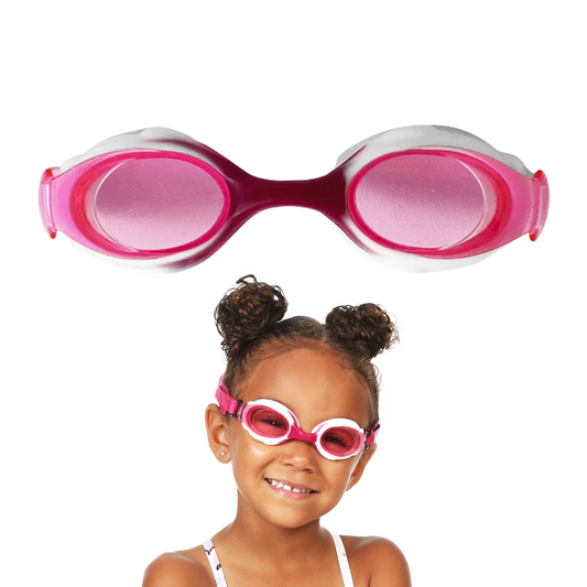 Pink Goggles only lenses pictured at top of page.Girl smiling wearing pink Lenses Frogglez Goggles modeling fit.