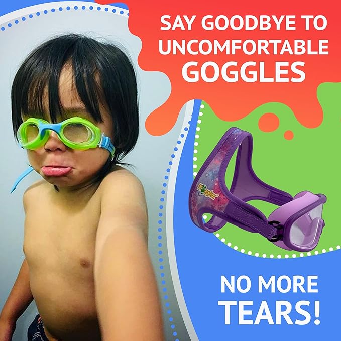 Picture of child with unfit goggles. Text reads say goodbye to uncomfortable goggles. No more tears.