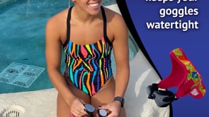 Pro swimmer Marina Spadoni explains the benefits of Masterz Swim Goggles . Graphic includes text stating Frogglez has "the right size nose bridge that keeps your goggles watertight."