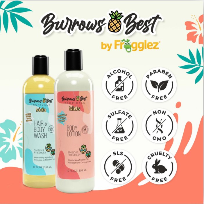 Bottles of hair and body wash and lotion. Burrows Best by frogglez. alcohol free. paraben free. sulfate free. non gmo. sls free. cruelty free